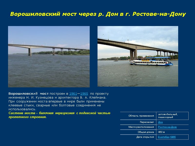 Ворошиловский мост через р. Дон в г. Ростове-на-Дону Ворошиловский мост построен в 1961—1965 по
